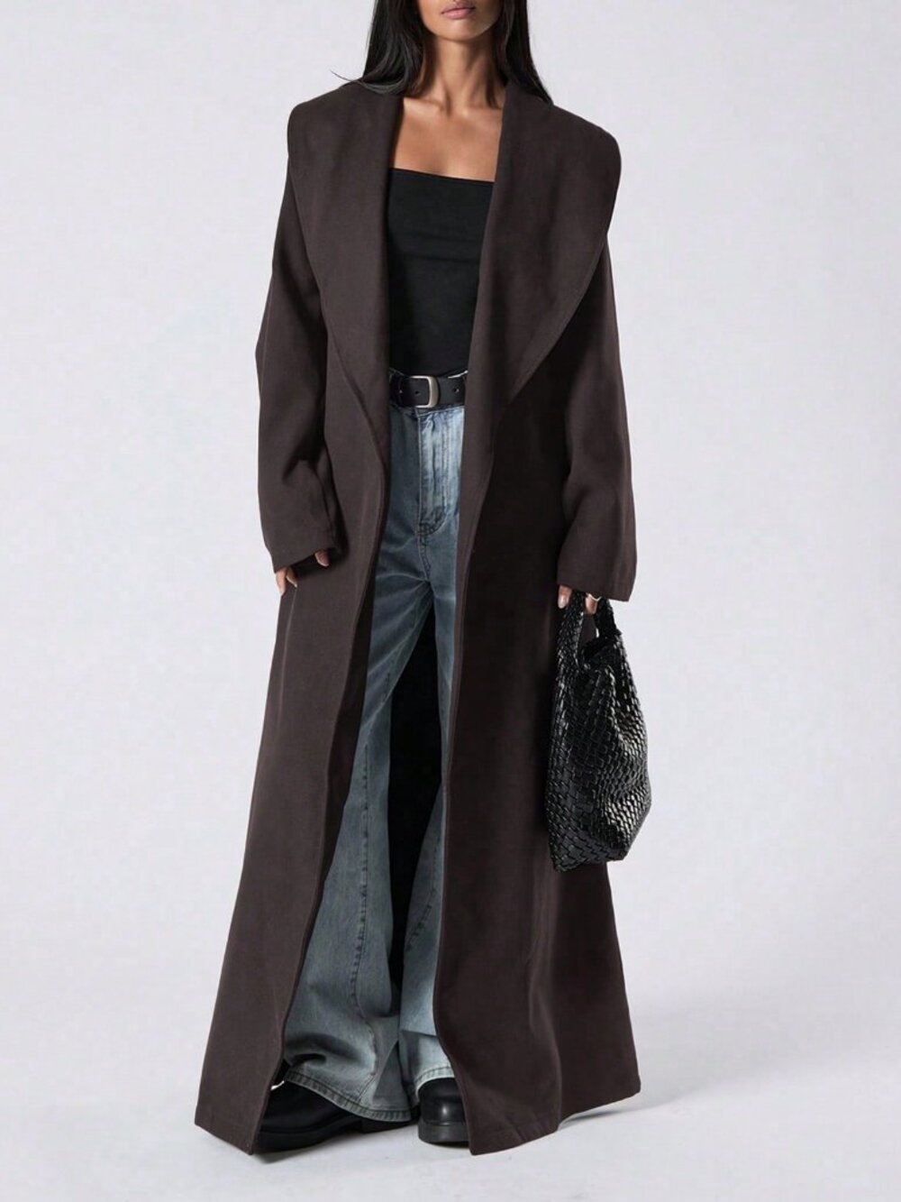 Coffee Brown Elegant Women's Long Belted Pocket Loose Comfy Long Sleeve Jacket